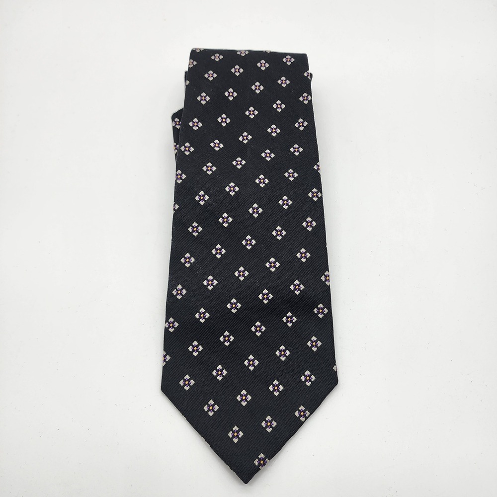 Polo Ralph Lauren Black Purple Geometric Floral Silk Necktie Handmade Italy